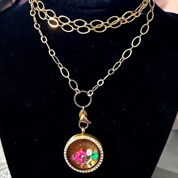 Origami Owl Flat Oval Link Necklace w/ Rhinestone Locket and Charms - Picture 2 of 7